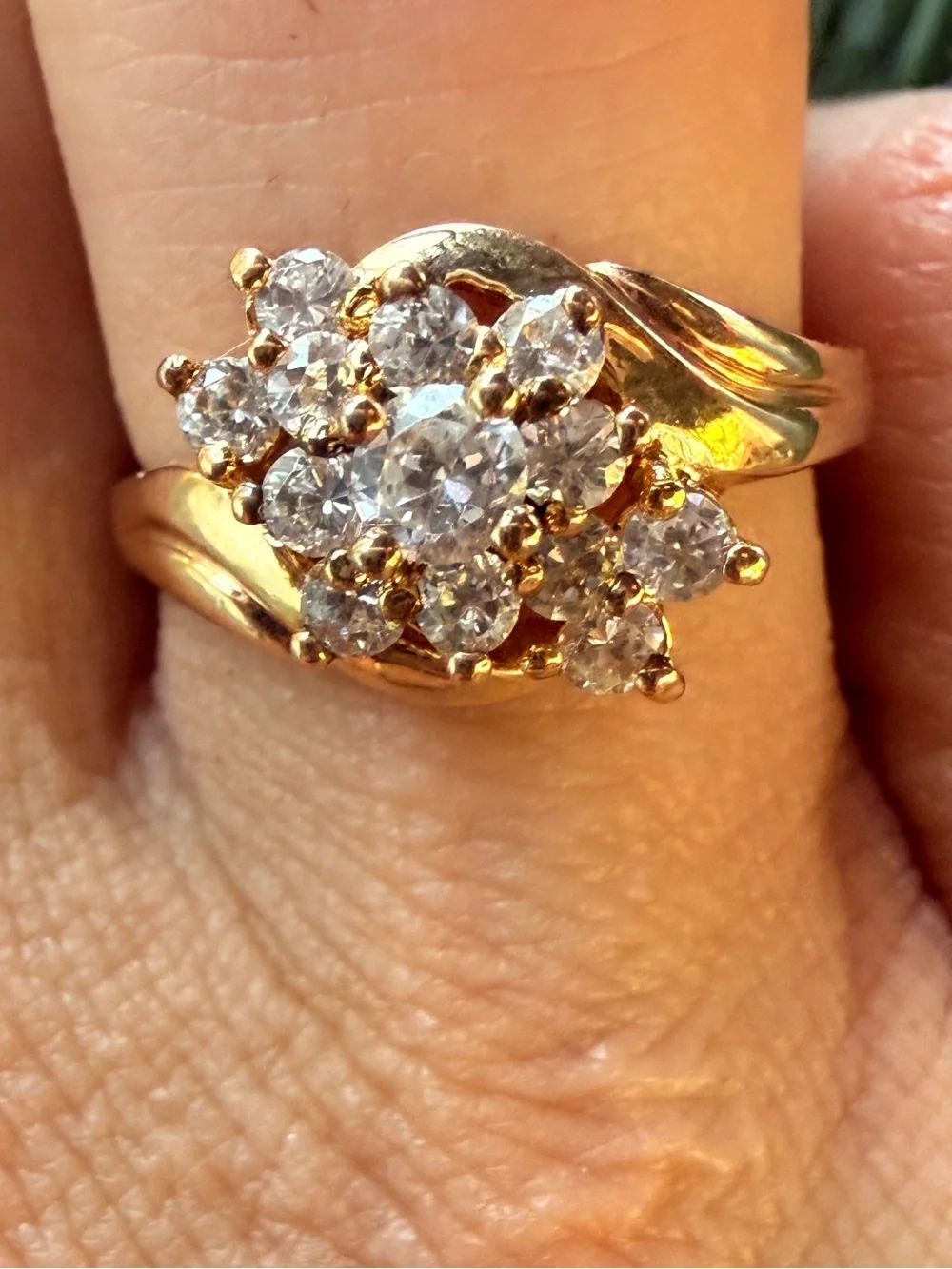 Vintage 925 Gold Vermeil Cubic Zirconia Diamond Cluster Bypass Ring